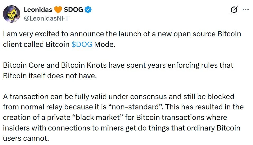 Ordinals advocate Leonidas proposes new Bitcoin client: ‘$DOG Mode’