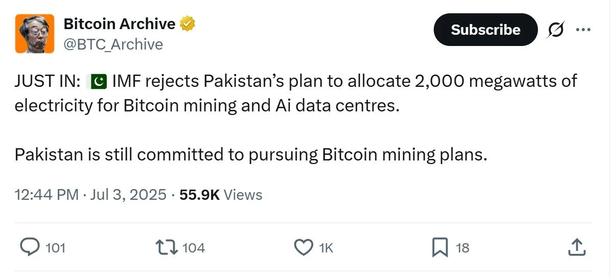 Pakistan Bitcoin mining plan in limbo as IMF rejects power subsidies: Report