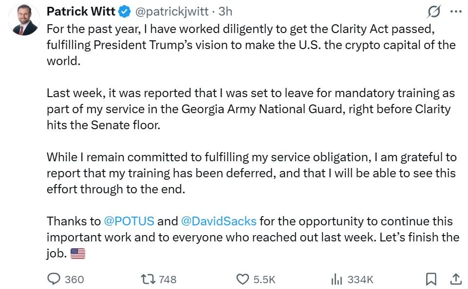Patrick Witt defers military training as CLARITY heads to Senate