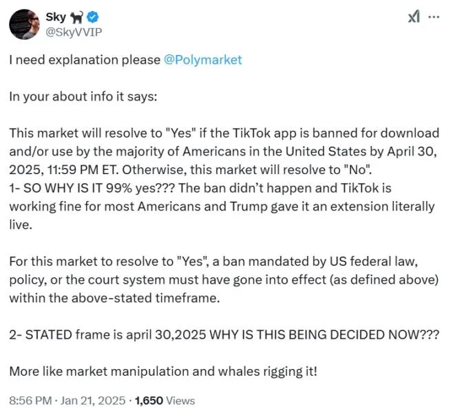 Polymarket faces backlash over TikTok ban prediction resolution