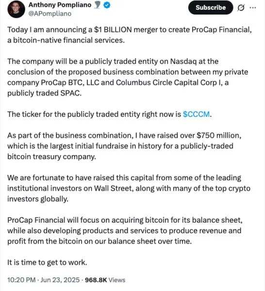 Pompliano’s crypto firm raises $750M to go public via SPAC