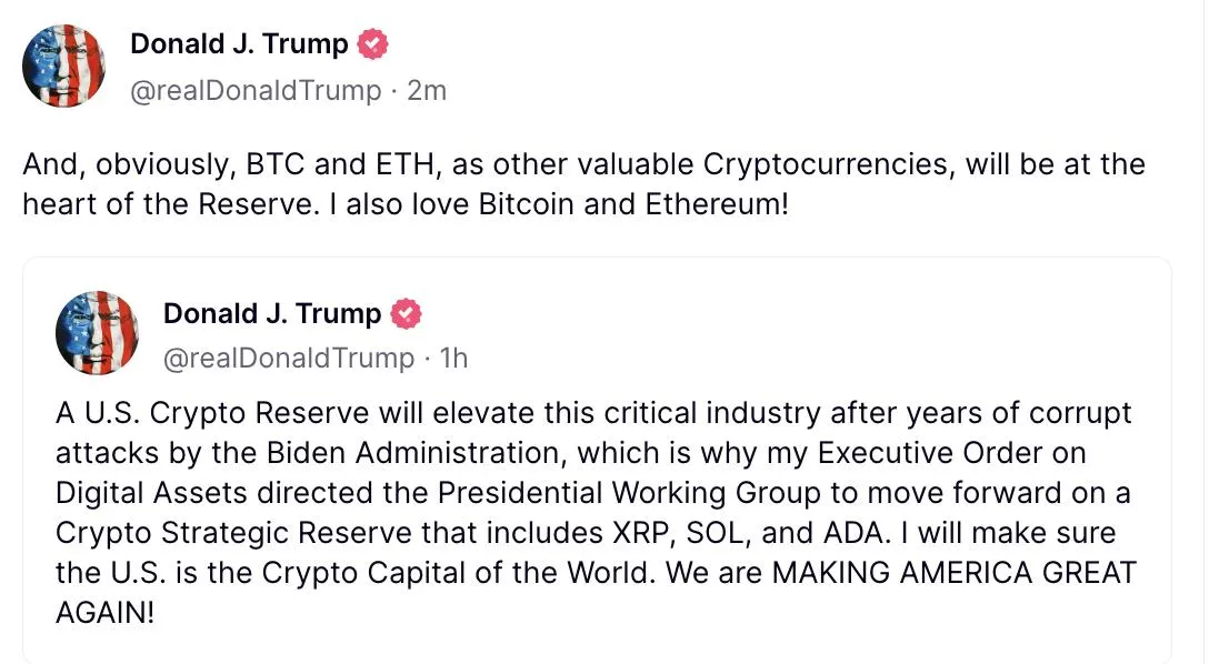 President Trump says crypto reserve to include BTC, ETH, SOL, XRP, ADA