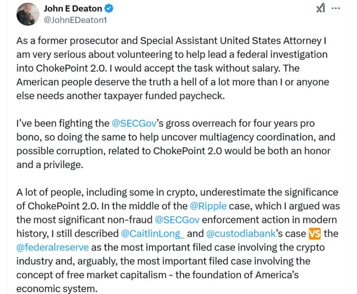 Pro-crypto lawyer John Deaton offers to probe Operation Chokepoint 2.0