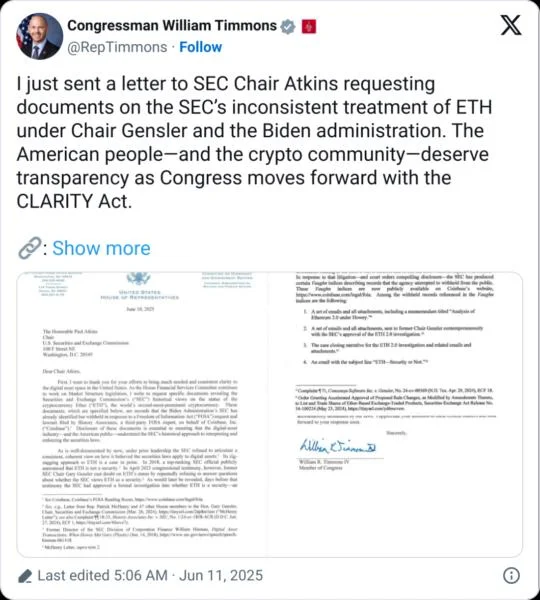 Rep. Timmons asks SEC for docs on agency’s past approach to Ethereum