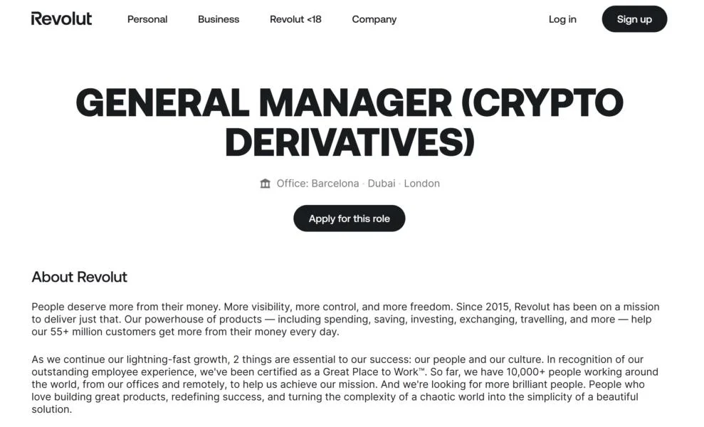 Revolut eyes crypto derivatives push, job listing suggests
