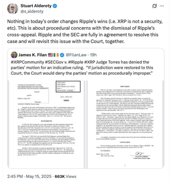 Ripple: Judge's settlement rejection has no effect on legal victory