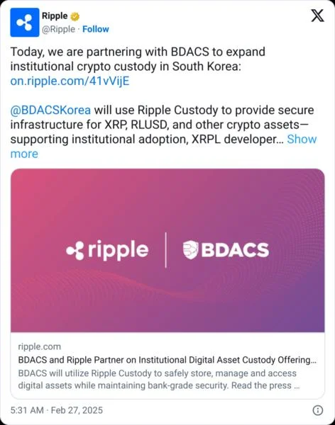 Ripple partners with BDACS for XRP, RLUSD custody in South Korea