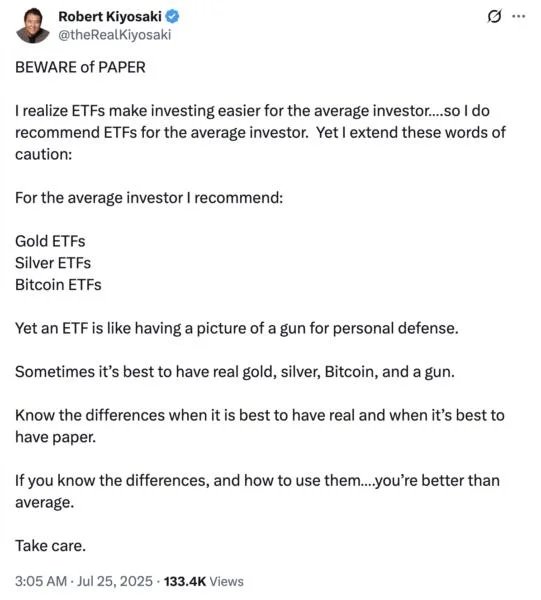 Robert Kiyosaki warns of the risk posed by BTC, gold and silver ETFs