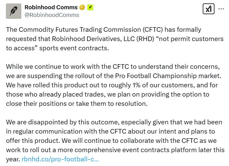 Robinhood halts Super Bowl bets a day after launch on CFTC request