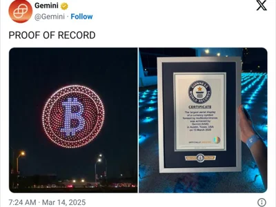 Bitcoin logo shines over Austin, Texas as Gemini sets new world record - bitcoin, symbol, ai, new, Cointelegraph, Crypto, satoshi nakamoto, bc