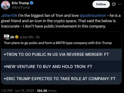 Eric Trump is 'biggest fan' of Justin Sun, but denies involvement in Tron’s public venture - Crypto, bitcoin, world, sun, trump, may, donald trump, april, crypto, srm, tron, Cointelegraph