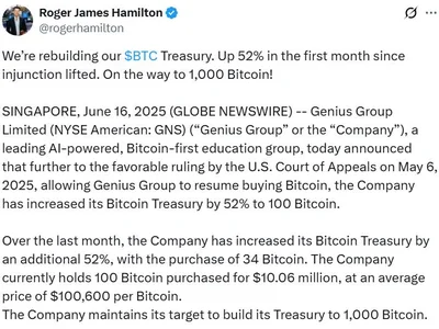 Genius Group Bitcoin treasury grows 52% as 1,000 BTC goal reaffirmed - genius, bitcoin, btc, Cointelegraph, ai, board, Crypto, pi