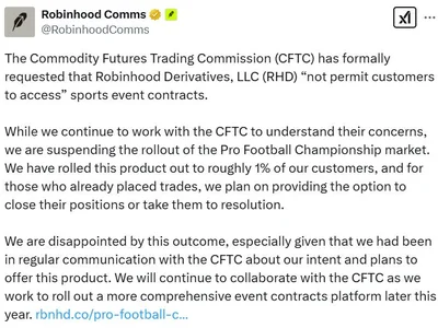 Robinhood halts Super Bowl bets a day after launch on CFTC request - Cointelegraph, Crypto