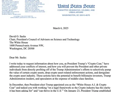 Sen. Warren requests financial disclosures from Trump’s crypto czar - Crypto, bitcoin, solana, xrp, cardano, trump, btc, eth, Cointelegraph, ada, sec, crypto, donald trump