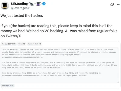 SIR.trading begs hacker to return $255K or ‘no chance for us to survive’ - one, Crypto, 1inch, railgun, defi, vault, sir, Cointelegraph, ethereum