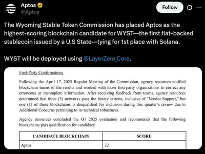 Wyoming stablecoin commission names Aptos highest-ranking blockchain - Crypto, senate, stablecoin, ethereum, algorand, solana, 2024, layerzero, aptos, donald trump, second, america, Cointelegraph, points, avalanche, base