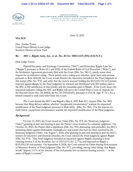 SEC, Ripple file motion to release $125M in escrow as case winds down