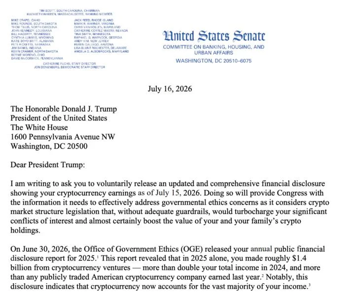 Senator Warren requests 2026 reporting for Trumpâs crypto earnings after $1.4B disclosure