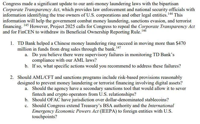 Senator Warren urges Trump’s Treasury pick to consider stricter crypto regs