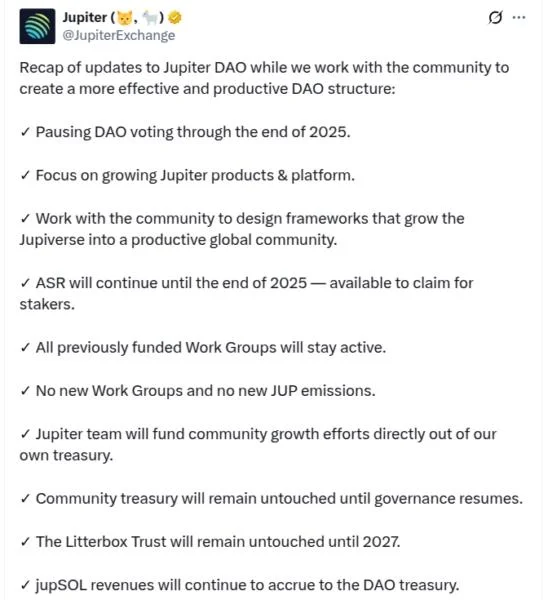 Solana DEX Jupiter suspends DAO voting until 2026 to focus on DeFi growth
