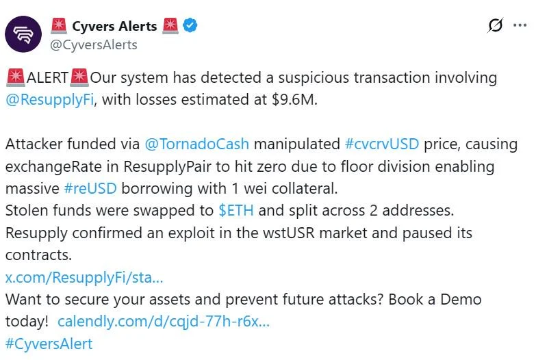 Stablecoin protocol Resupply loses $9.6M to price manipulation exploit