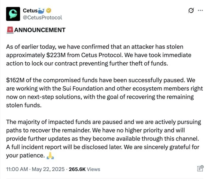 Sui validators freeze majority of stolen funds in $220M Cetus hack