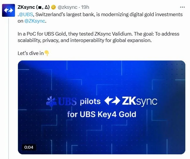 Swiss bank UBS tests blockchain for digital gold investments on ZKsync