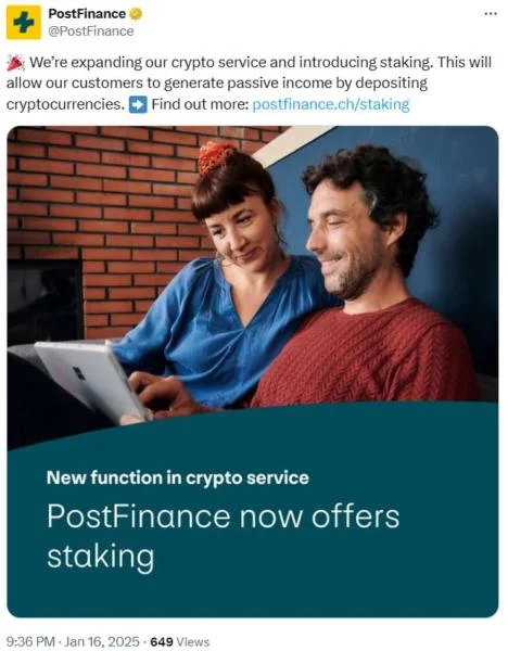 Swiss state-owned bank PostFinance launches ETH staking