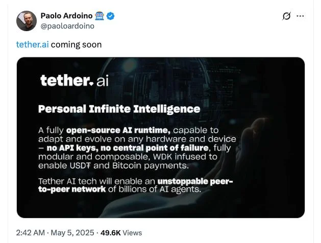 Tether AI platform to support Bitcoin and USDT payments, CEO says