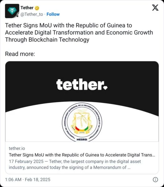  Tether signs agreement with Guinea to explore blockchain tech 