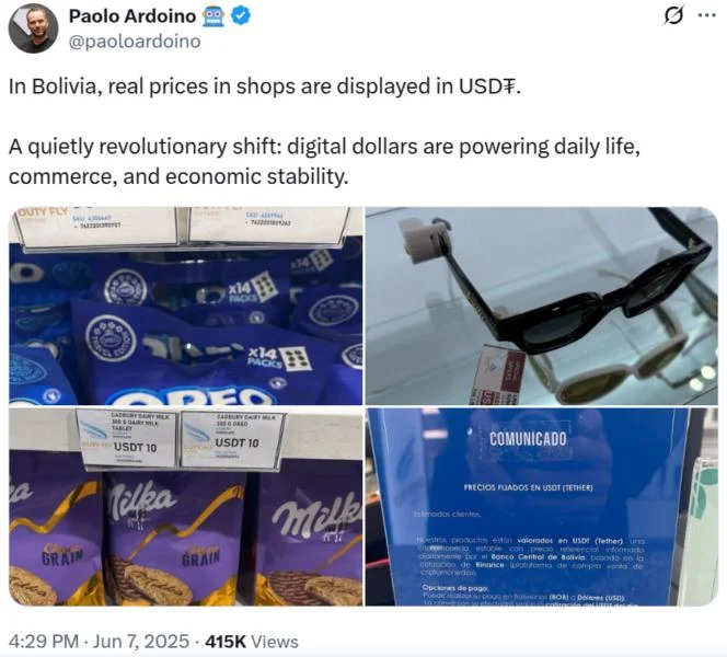 Tether USDT stablecoin seen on Bolivian store price tags