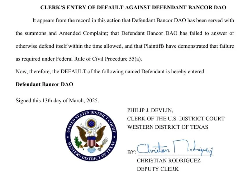 Texas court issues judgment against Bancor DAO after it ignored summons