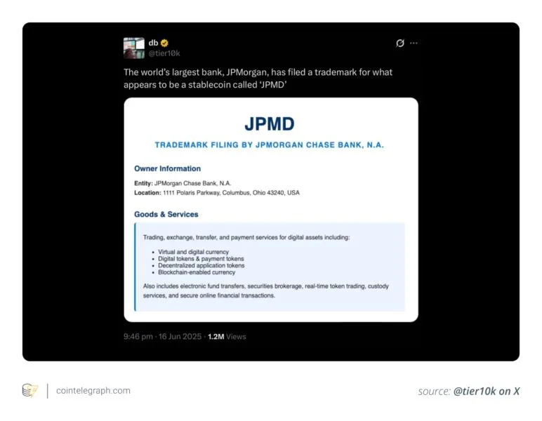 The $1,150 trademark that could change crypto: What’s hiding in JPMorgan’s JPMD filing?
