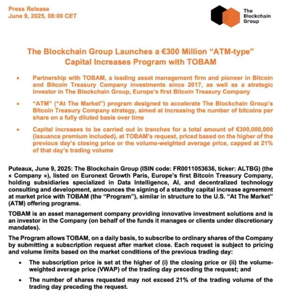 The Blockchain Group to raise $340M for Bitcoin treasury
