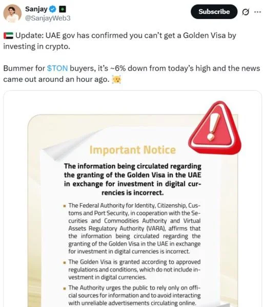 TON coin dips 6% after UAE authorities deny golden visa claim