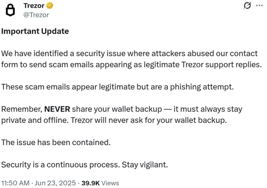 Trezor warns users about phishing emails mimicking customer support