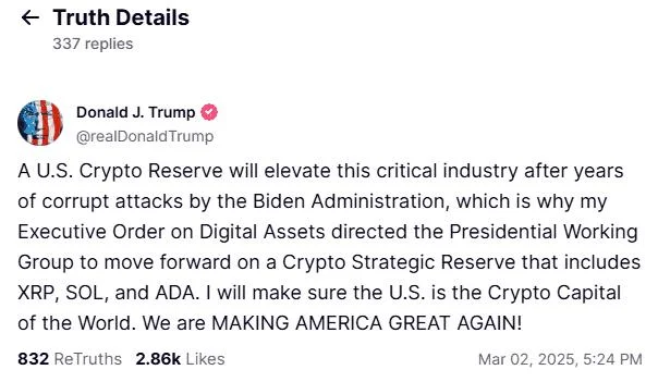 Trump Confirms Work on Strategic Crypto Reserve: XRP, ADA, SOL Included