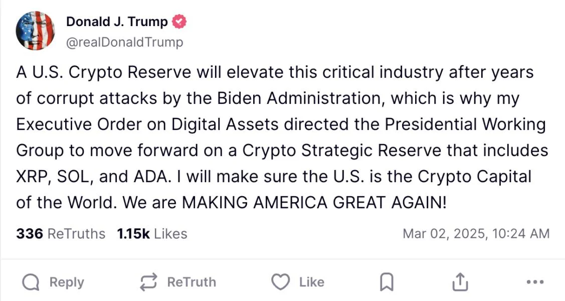 Trump directs working group to ‘move forward’ on SOL, XRP, and ADA Crypto Strategic Reserve