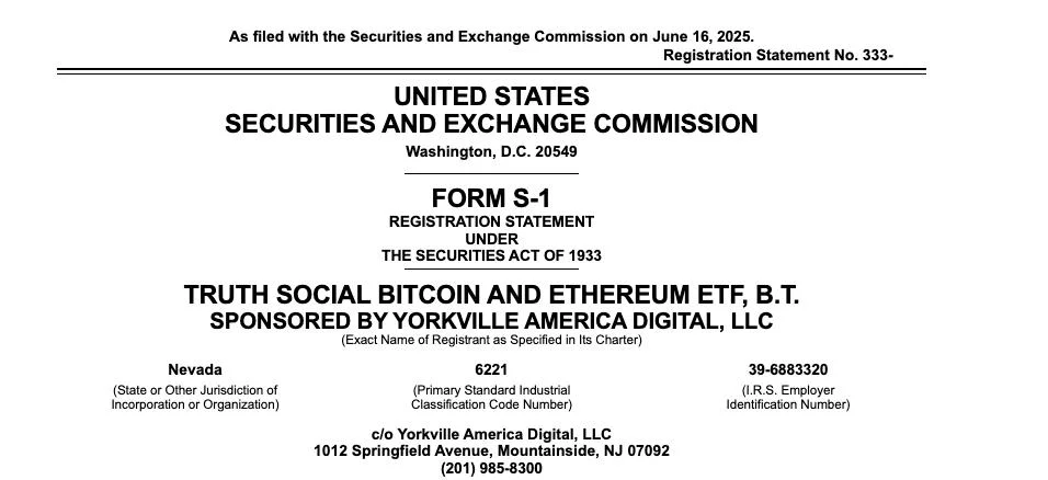 Trump’s Truth Social files S-1 for dual Bitcoin and Ether ETF
