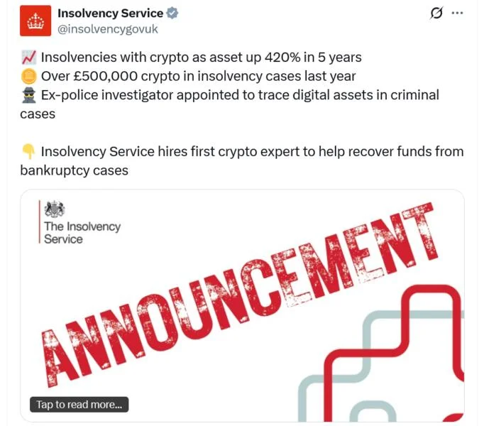 UK appoints specialist to recover crypto from bankruptcy cases