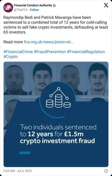 UK sentences 2 men to prison over $2M cold-calling crypto scam
