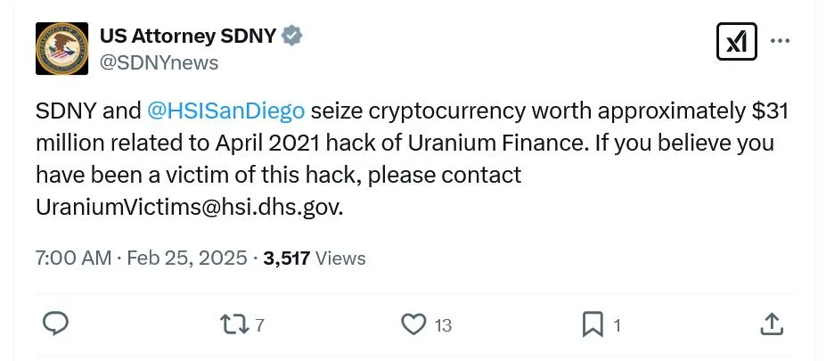 US authorities seize $31M of crypto tied to 2021 Uranium Finance hack