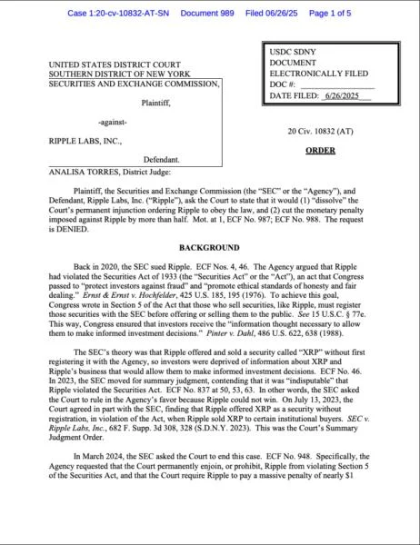 US judge denies Ripple, SEC joint request to reduce $125M penalty
