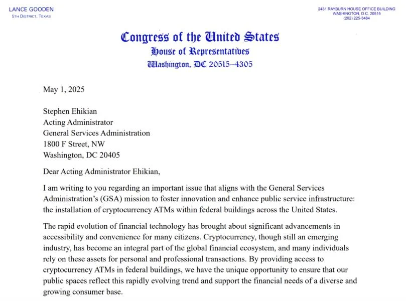 US lawmaker proposes crypto ATMs in federal buildings
