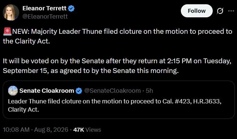 US Senate to vote on advancing CLARITY Act in September after Thune files cloture
