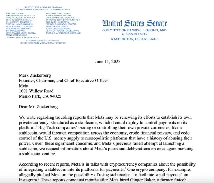US senators question Meta’s stablecoin plans amid GENIUS Act debate