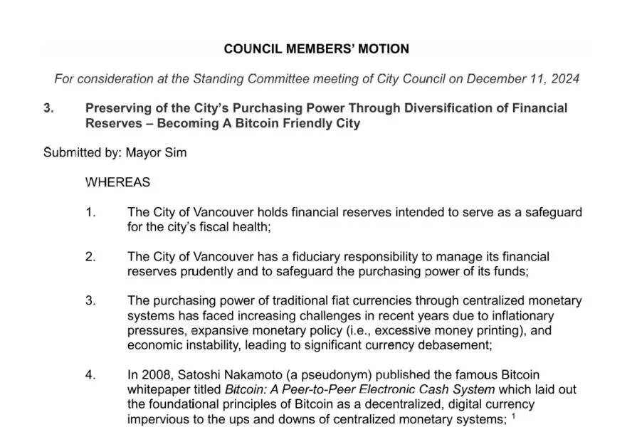  Vancouver mayor proposes Bitcoin adoption to fight inflation 