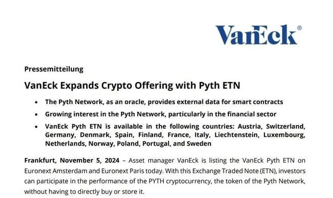 VanEck Launches Pyth ETN on Euronext Amsterdam and Paris Today