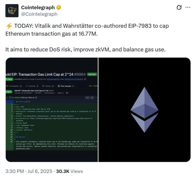 Vitalik proposes gas cap to enhance Ethereum security, stability