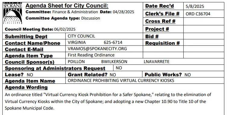 Washington’s second-biggest city, Spokane, bans crypto ATMs